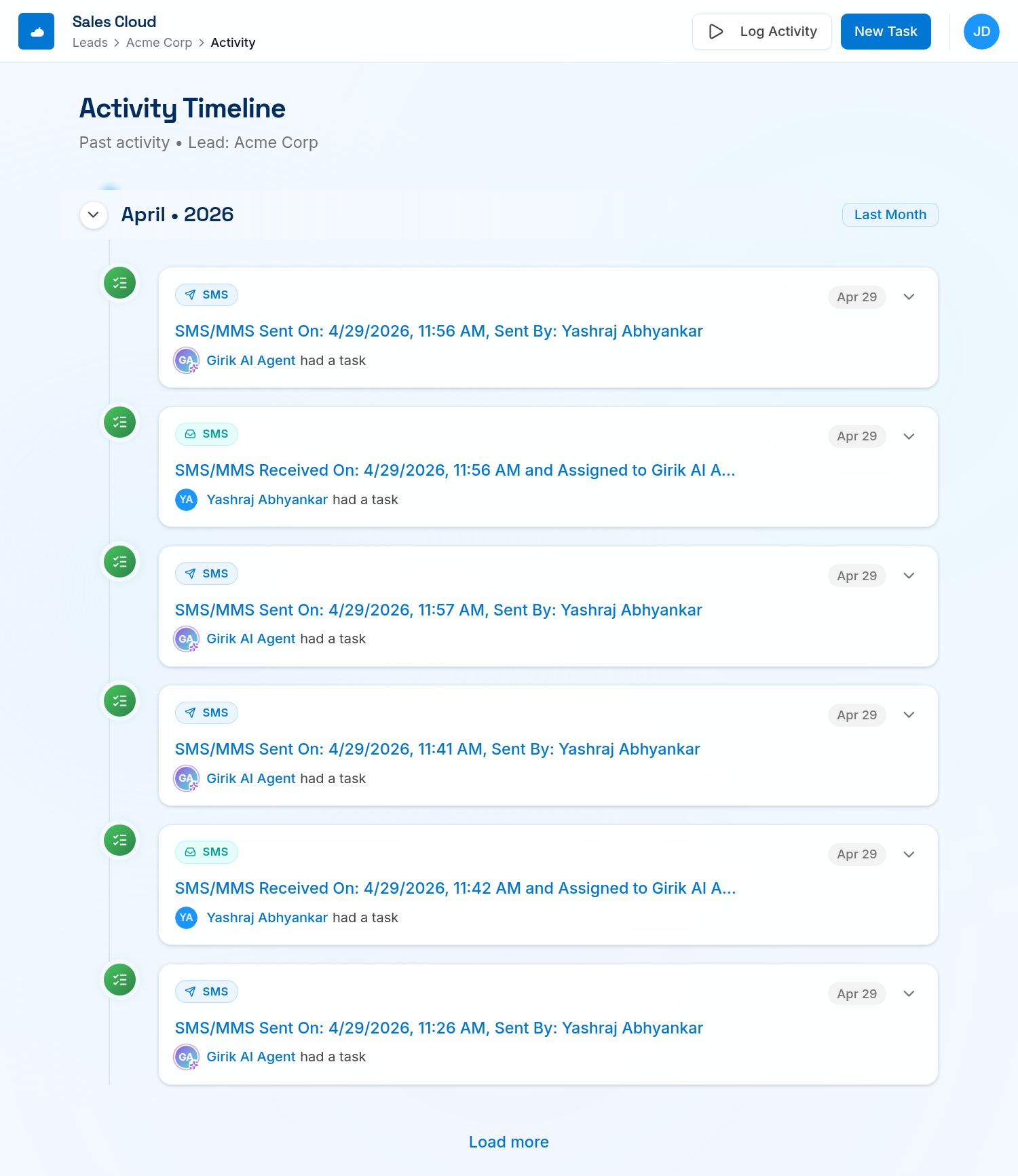 Salesforce Activity Timeline showing SMS/MMS sent and received entries automatically logged to Lead record