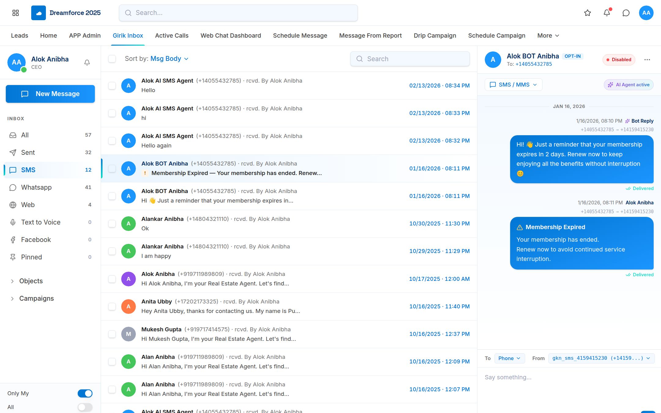 GirikSMS Inbox running inside Salesforce — showing Girik Inbox tab, SMS conversation list, and live two-way messaging