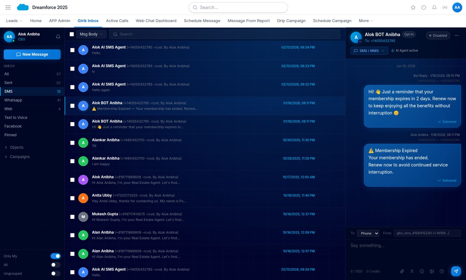 GirikSMS bot view showing AI automated membership expiry SMS sent from Salesforce Service Cloud