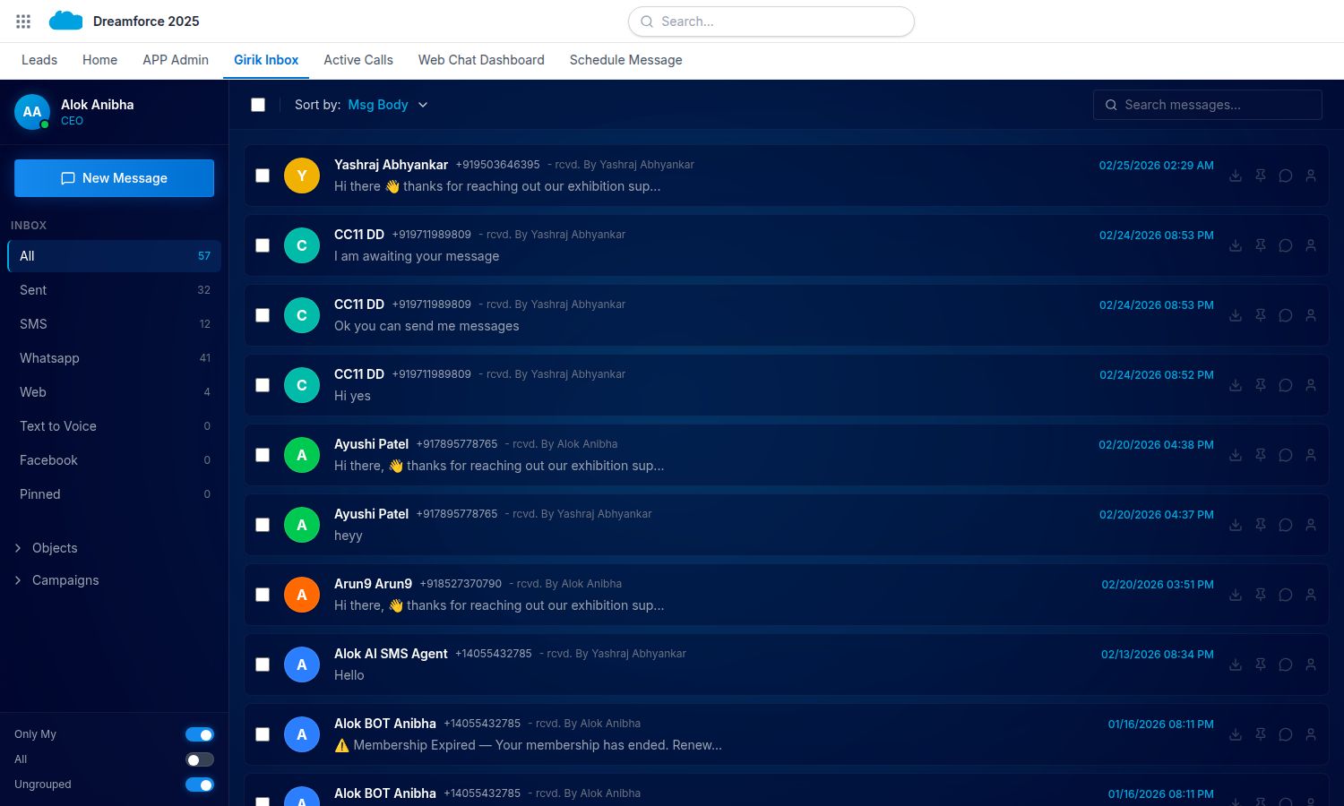 GirikSMS full inbox dashboard inside Salesforce showing 57 conversations across SMS and WhatsApp channels