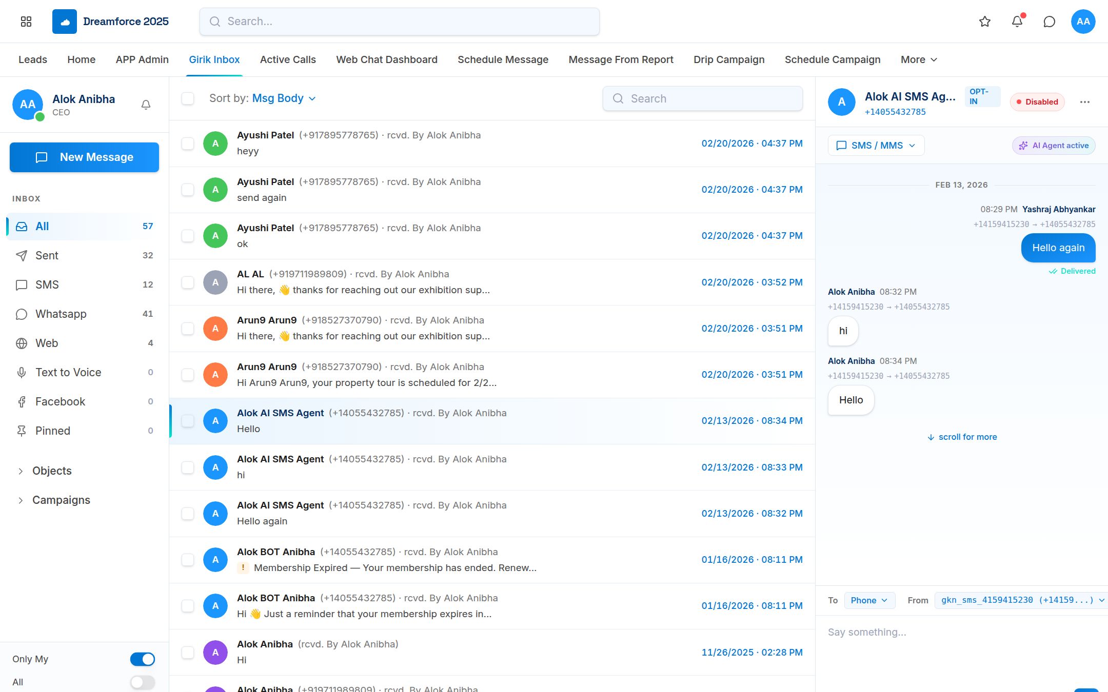 GirikSMS splitview inbox inside Salesforce showing conversation list and live SMS chat