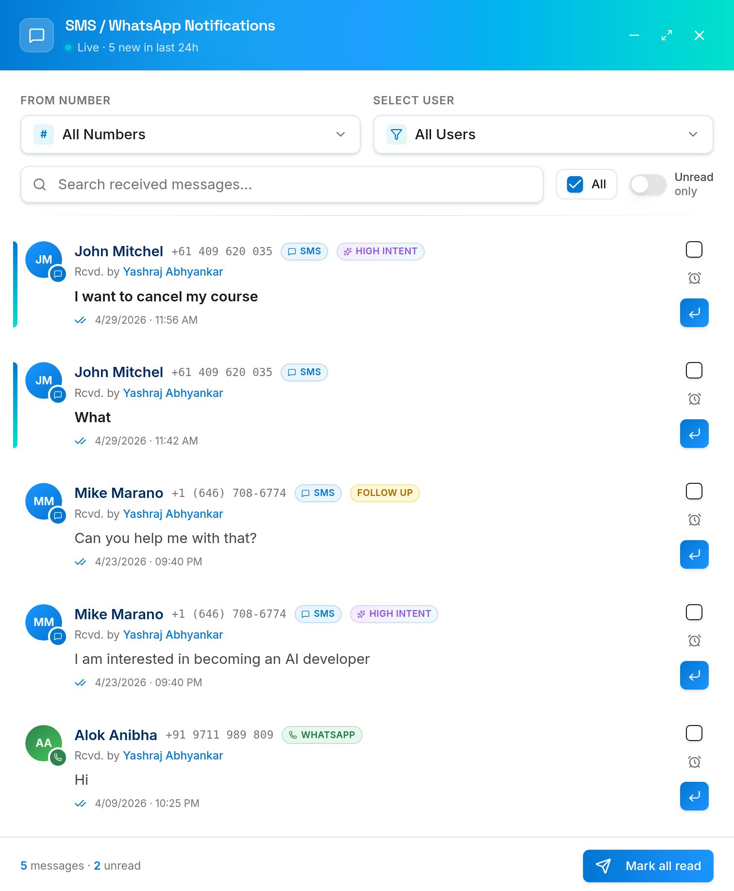 GirikSMS SMS/WhatsApp notifications panel showing AI-tagged inbound messages with HIGH INTENT and FOLLOW UP labels